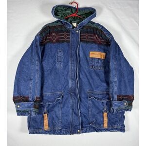 OUTBROOK Denim Southwestern Aztec Chore Coat Womens 3XL Jean Jacket Navajo VTG